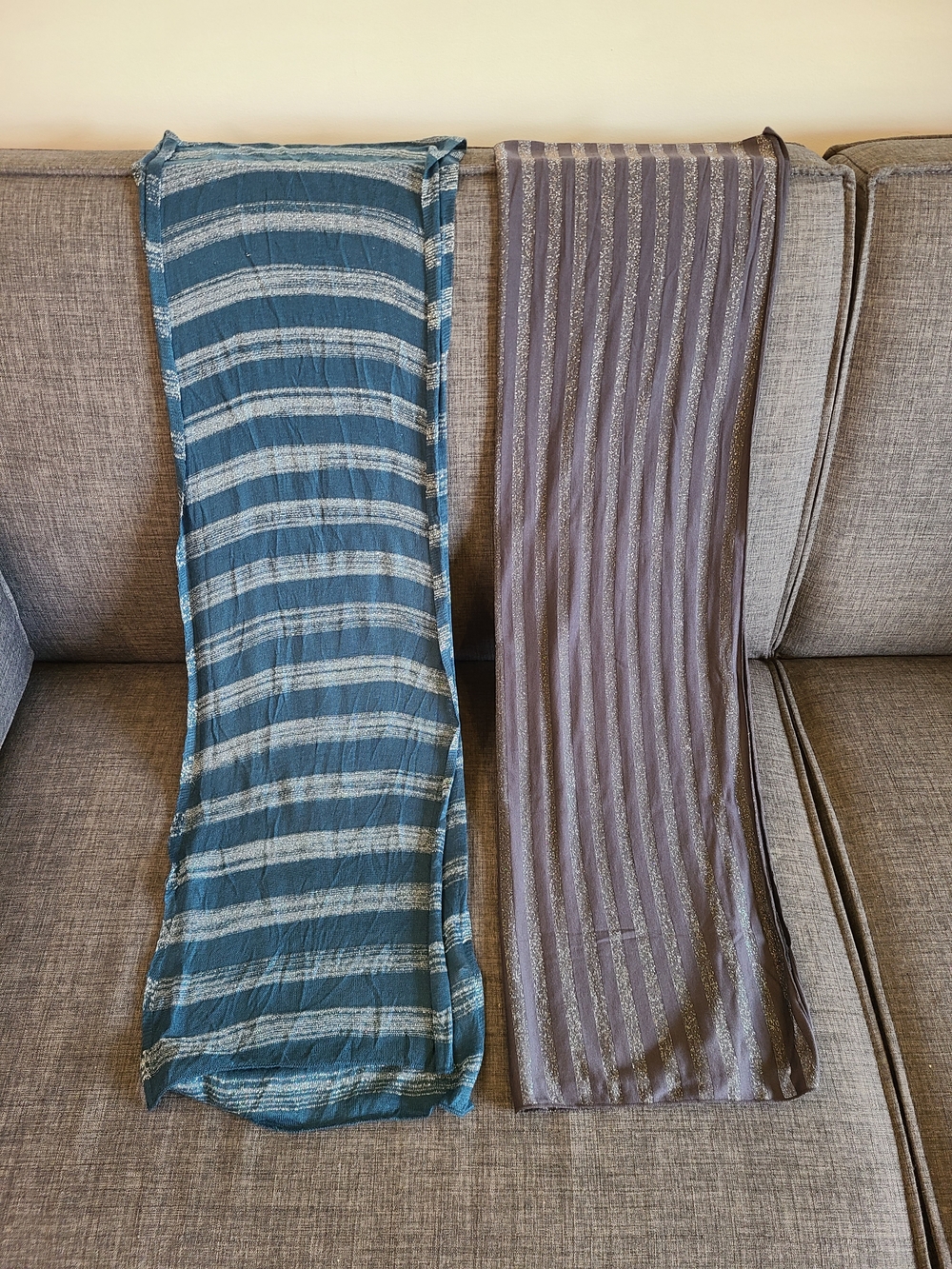 Striped Blue and Grey Lightweight Scarves With Silver Metalic Detail - Pair
